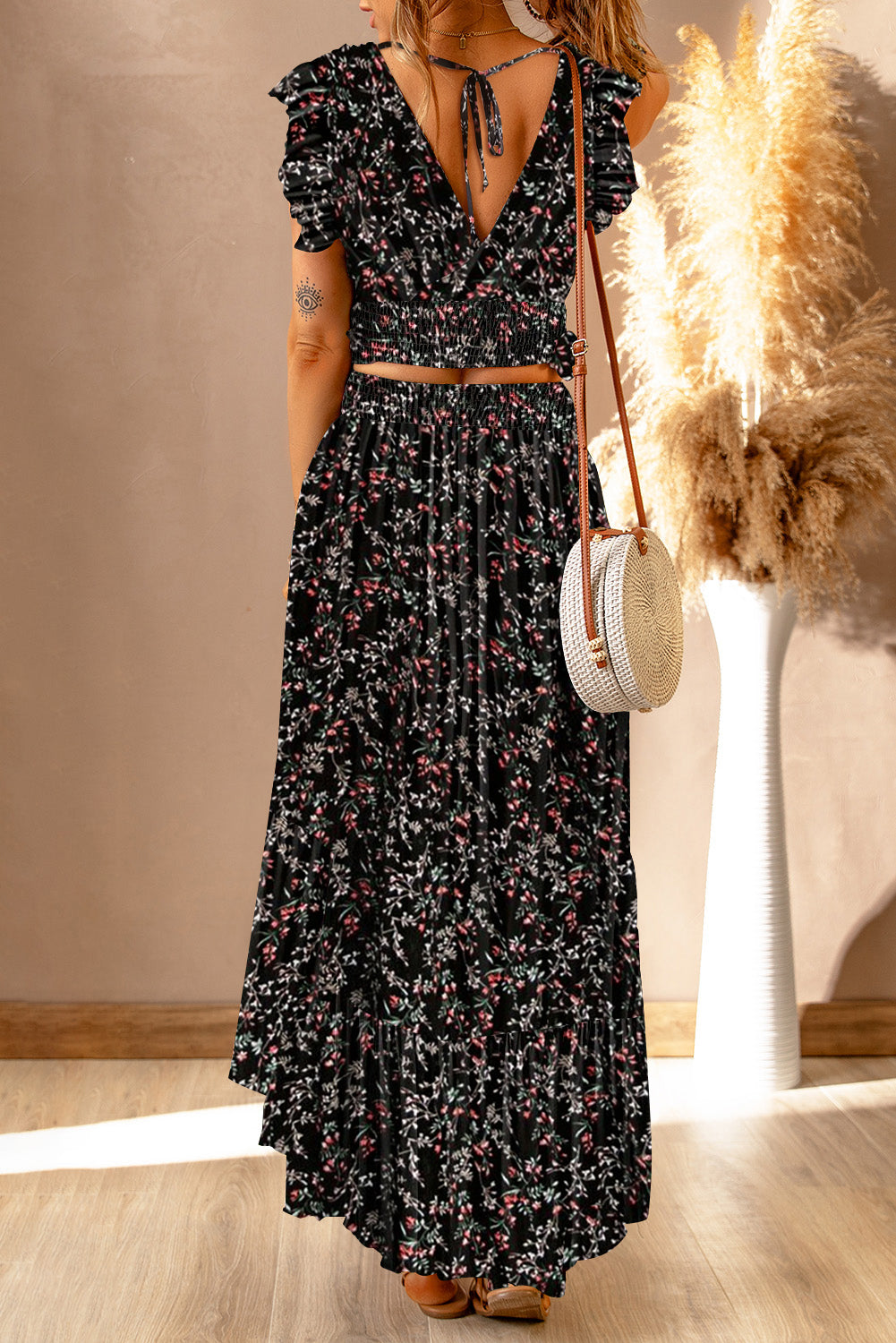 MultiColour Floral Ruffled Crop Top and Maxi Skirt Set eAura