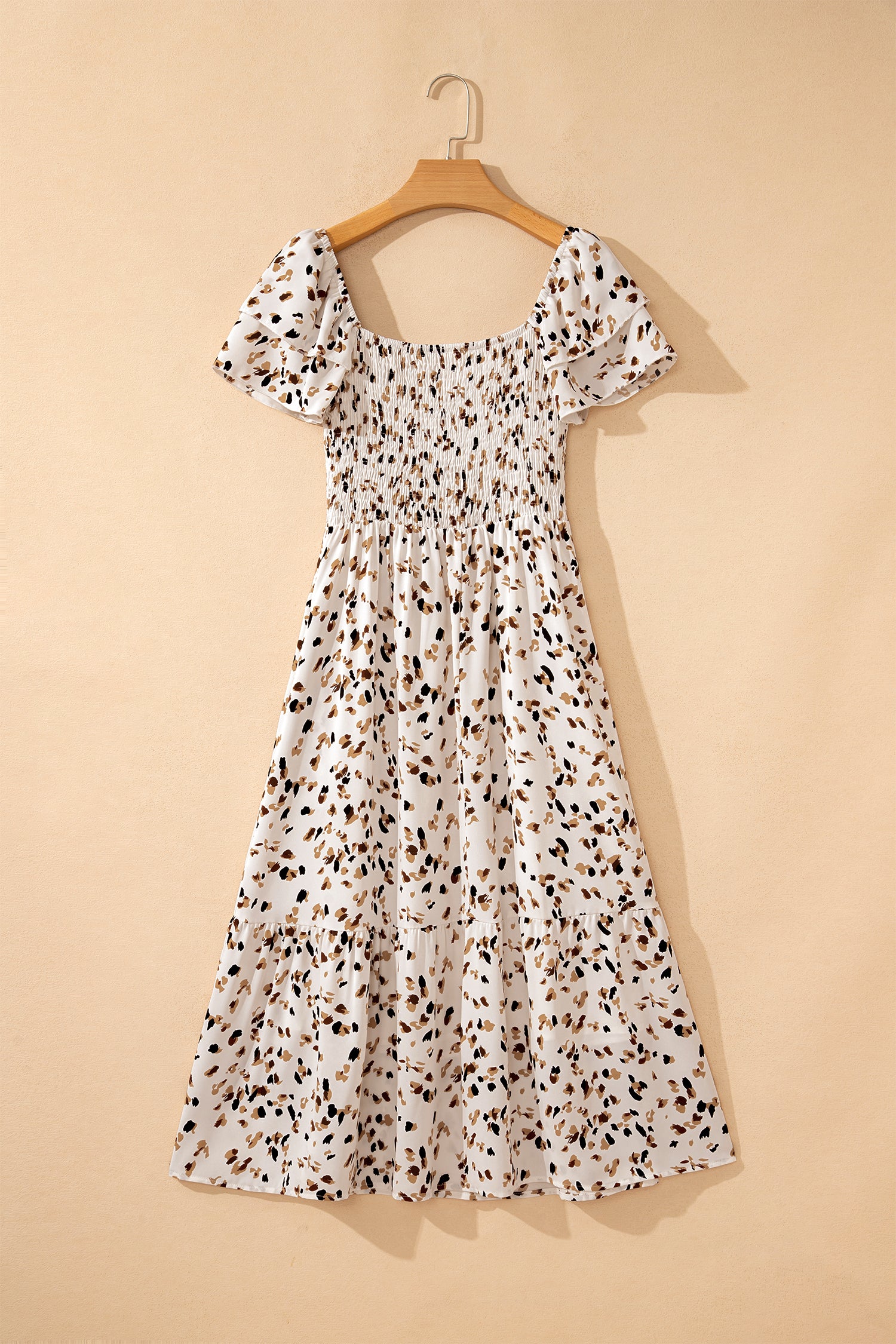 Ditsy Floral Smocked Square Neck Ruffle Sleeve Midi Dress
