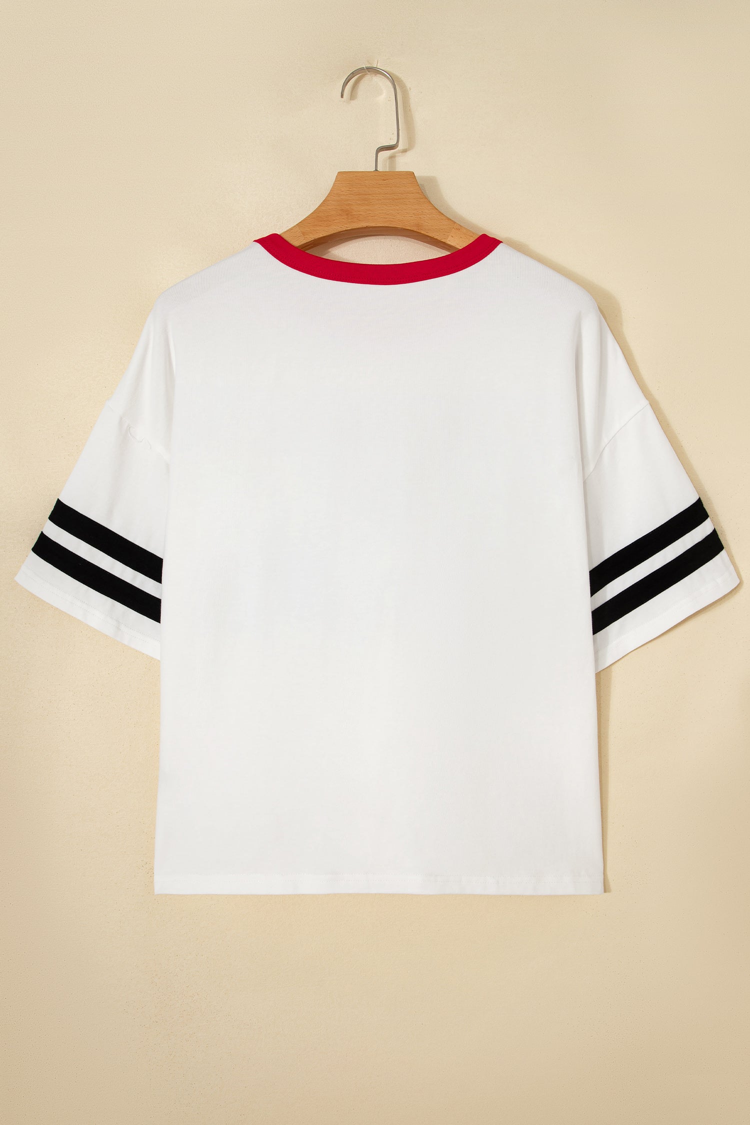 USA Letter Printed Varsity Striped Sleeve Round Neck Tee – White