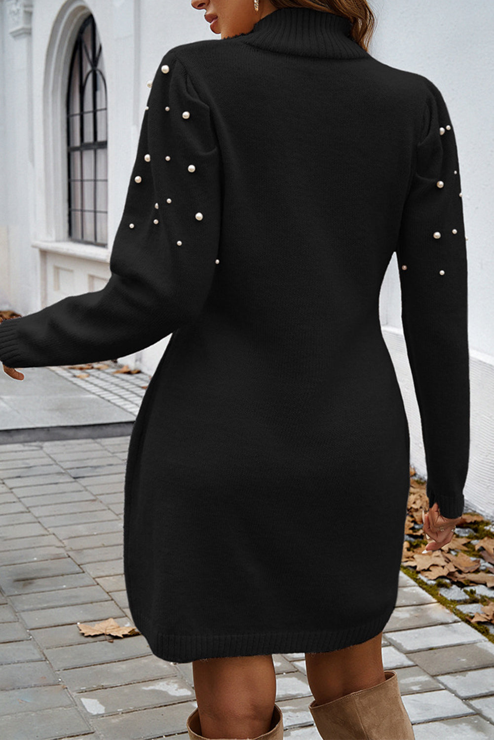 Parchment Pearl Beaded High Neck Bodycon Sweater Dress eAura