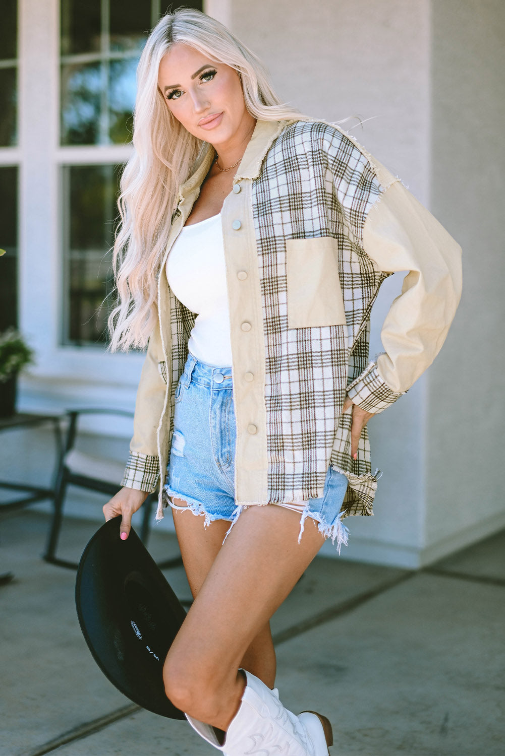 Khaki Distressed Raw Edge Plaid Patchwork Denim Jacket Beagle Boutique Fashion Outlet