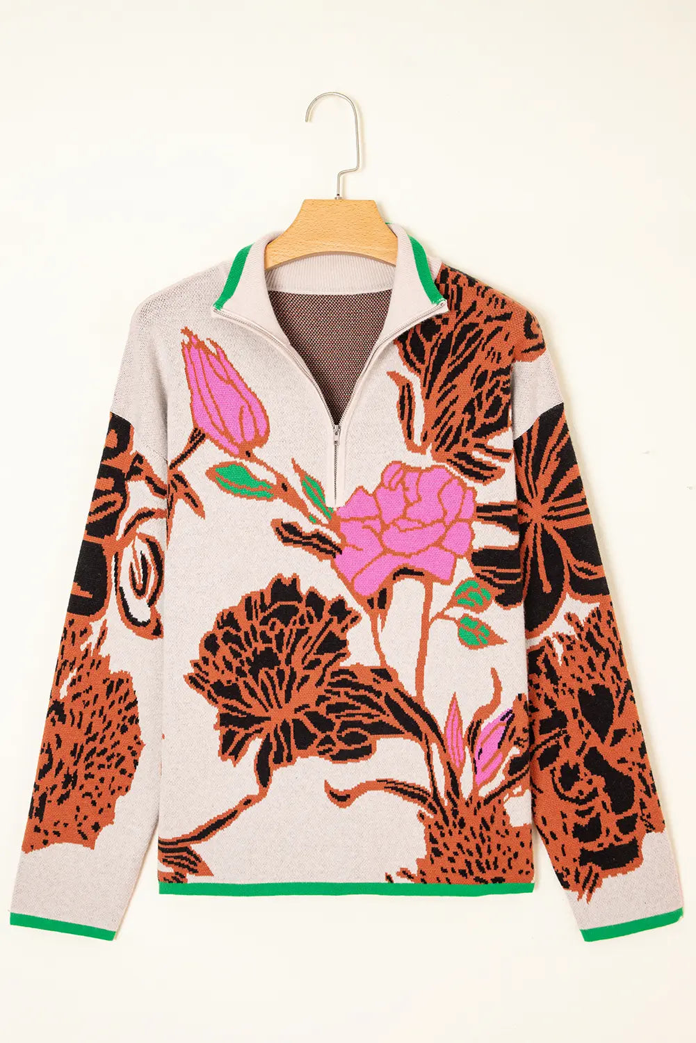 Floral Pattern Knit Quarter Zip Stand Neck Sweater - Sweaters & Cardigans/Sweaters