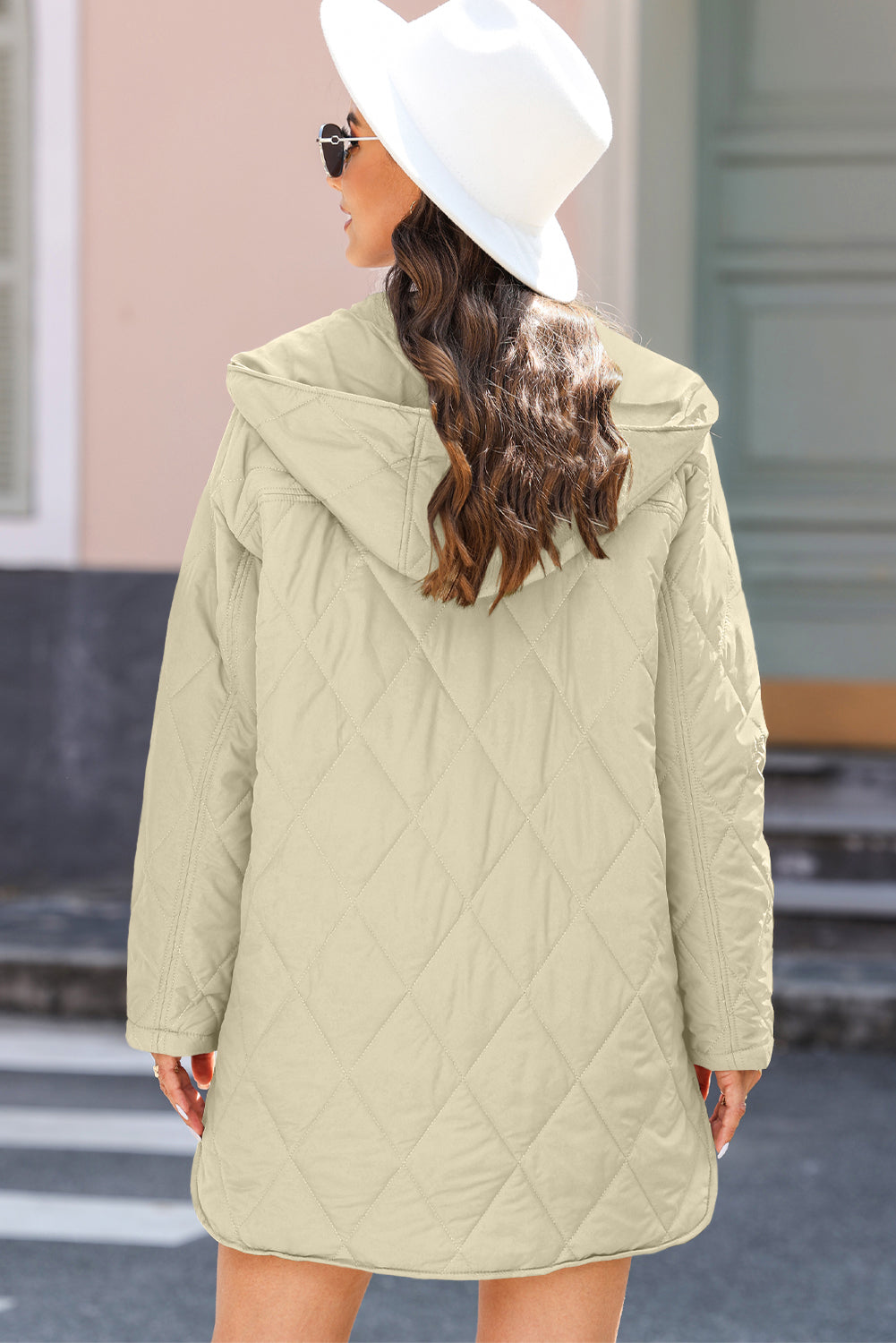 Beige Quilted Snap Button Hooded Coat eAura