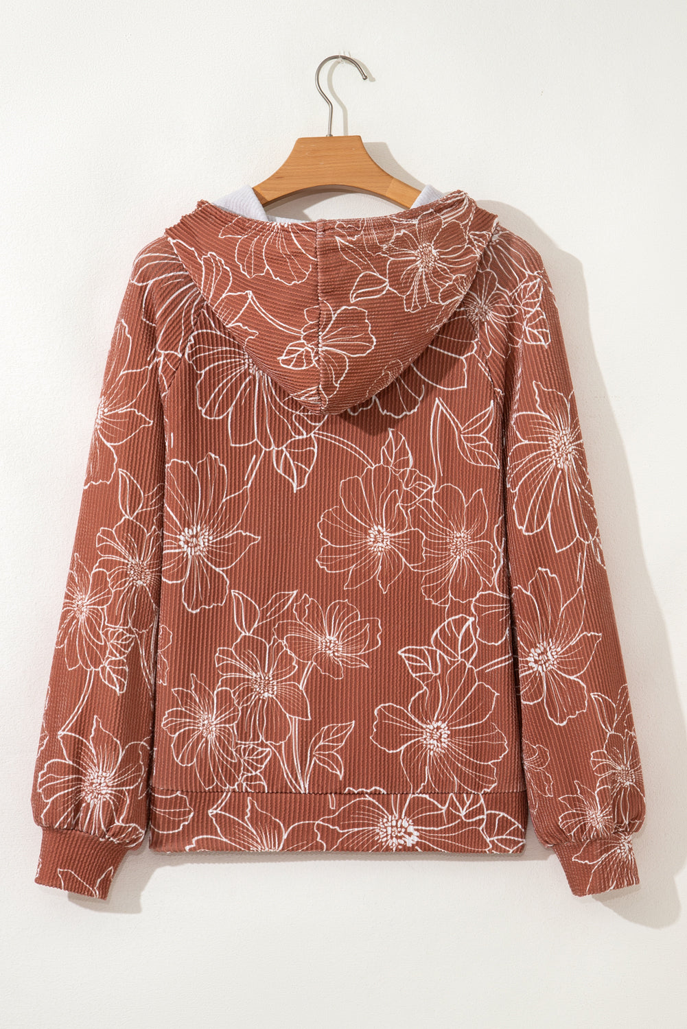 Brown Floral Rib Drawstring Kangaroo Pocket Hoodie - eAura