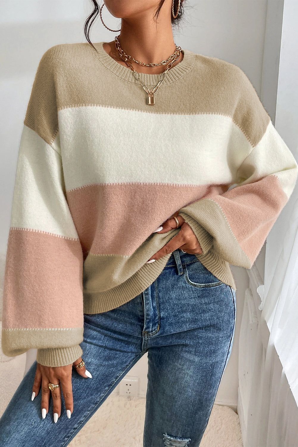 Colour Block Lantern Sleeve Drop Shoulder Sweater - Sweaters & Cardigans/Sweaters
