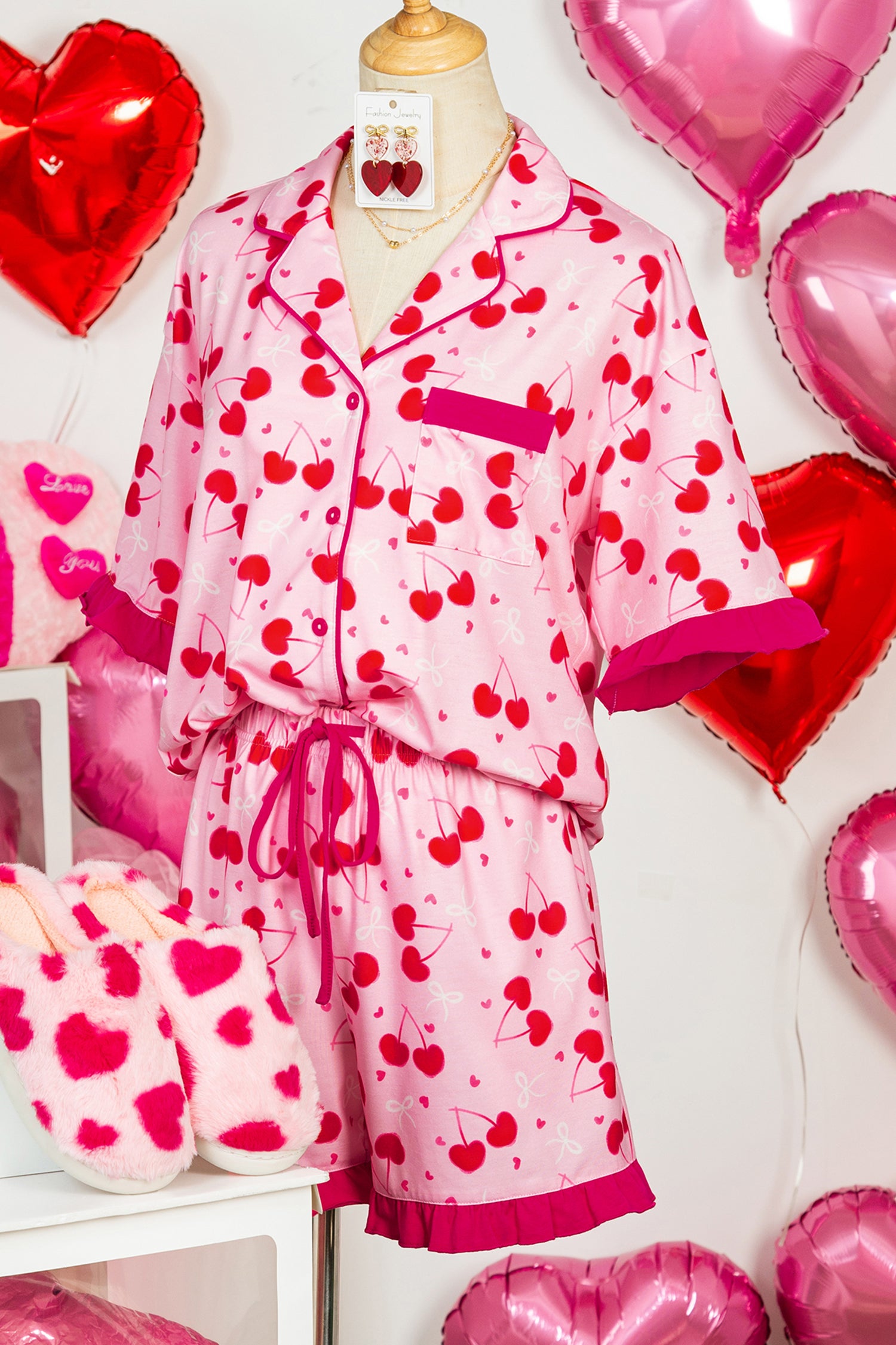 Cherry Bow Mixed Print Scalloped Edge Short Pajama Set – Rose