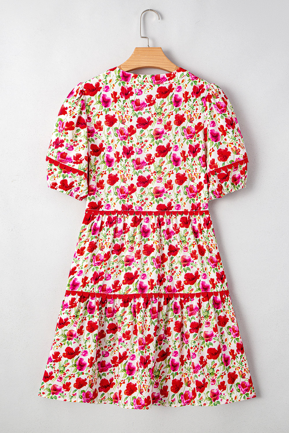 Puff Sleeve Tiered Ric Rac Pocketed Mini Dress eAura