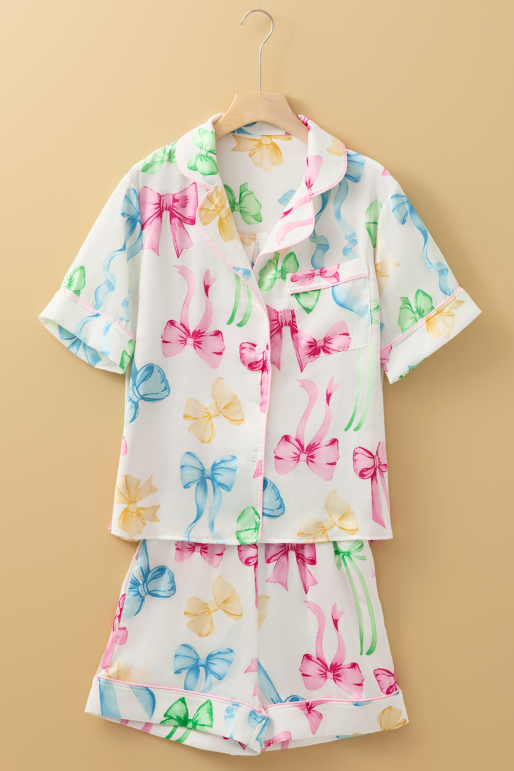 White Bowknot Print Buttoned Shirt High Waist Shorts Pyjama Set eAura