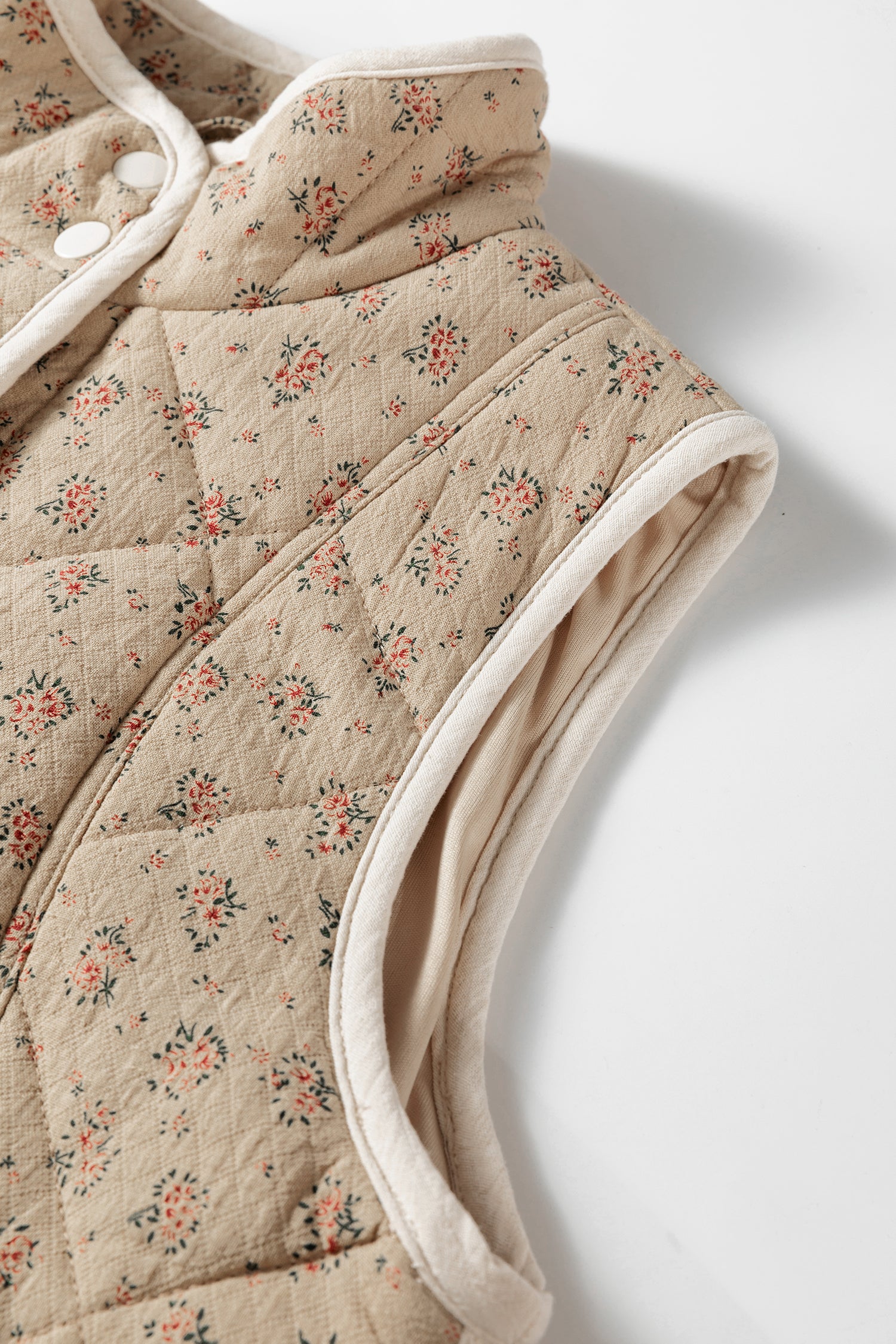 Floral Print Quilted Concealed Button Vest – Khaki