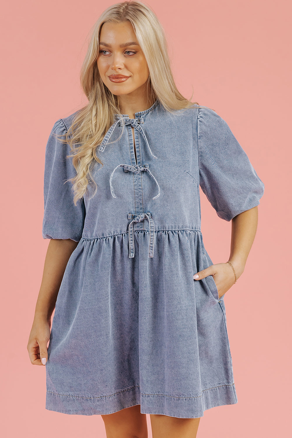 Dusk Blue Bowknot Bubble Sleeve Short Denim Dress eAura