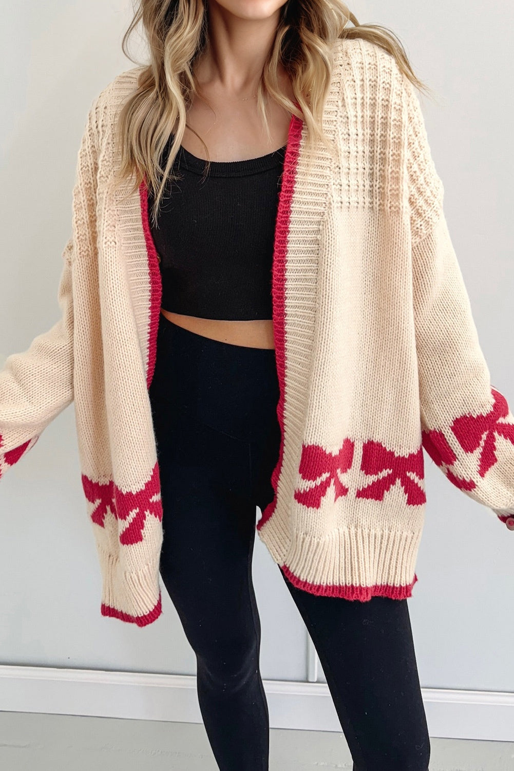 Bow Pattern Textured Open Front Baggy Cardigan Dear-Lover Dropshipping