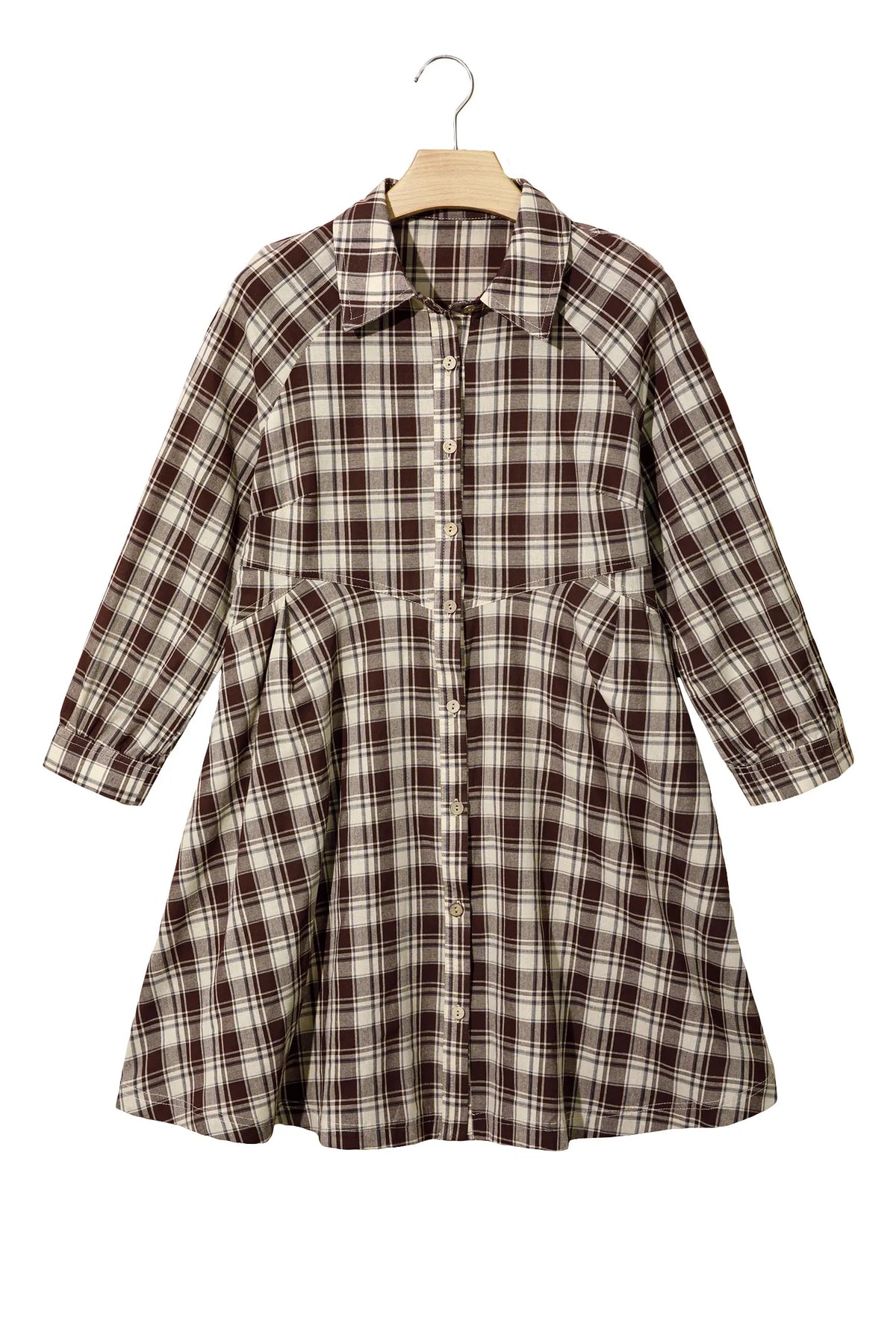 Plaid Long Sleeve Short Shift Mini Dress – Brown