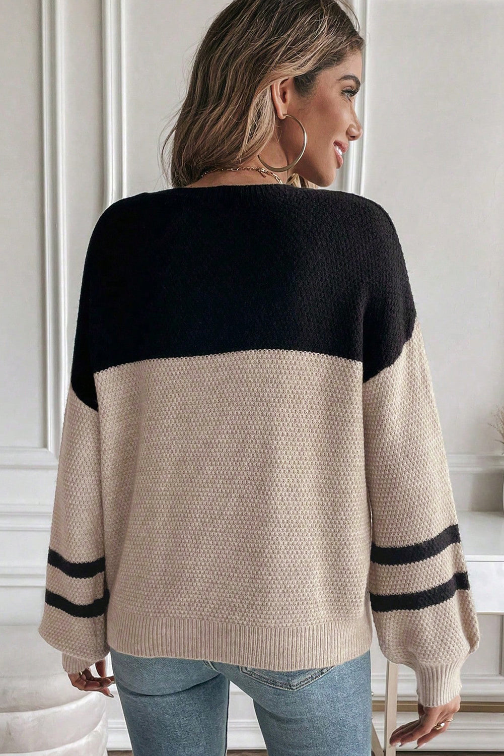 Colour Block Knit Striped Sleeve Detail Casual Sweater eAura