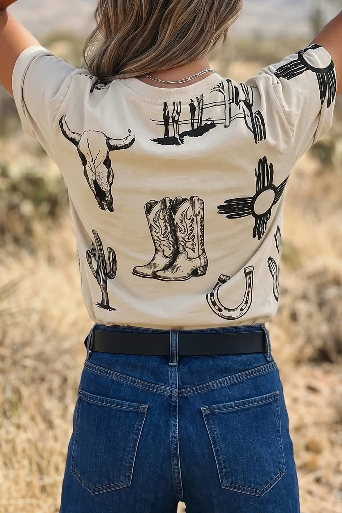 Retro Western Print T Shirt – Beige