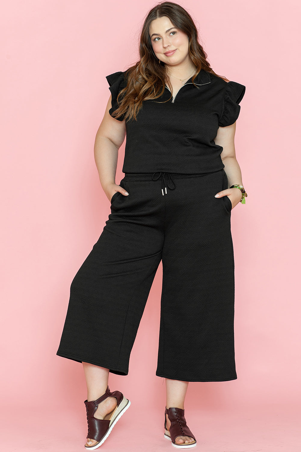 Black Plus Ruffled Sleeve Quarter Zip Top Wide Leg Trousers Set BB Fashion Outlet