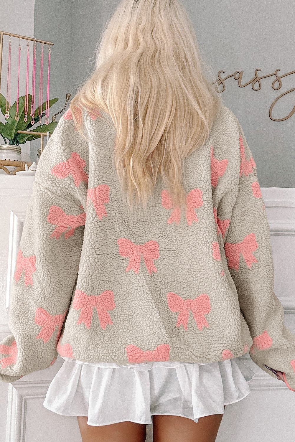 Grey Bow Sherpa Quarter Zip Drop Shoulder Baggy Sweatshirt - eAura