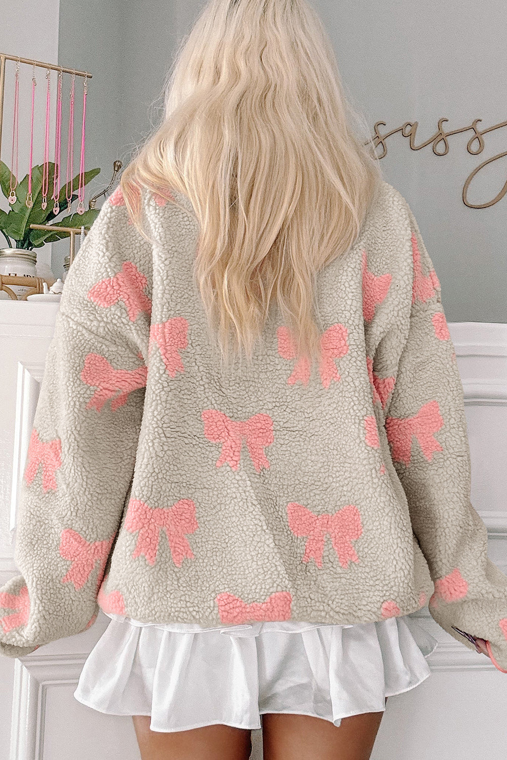 Grey Bow Sherpa Quarter Zip Drop Shoulder Baggy Sweatshirt - eAura