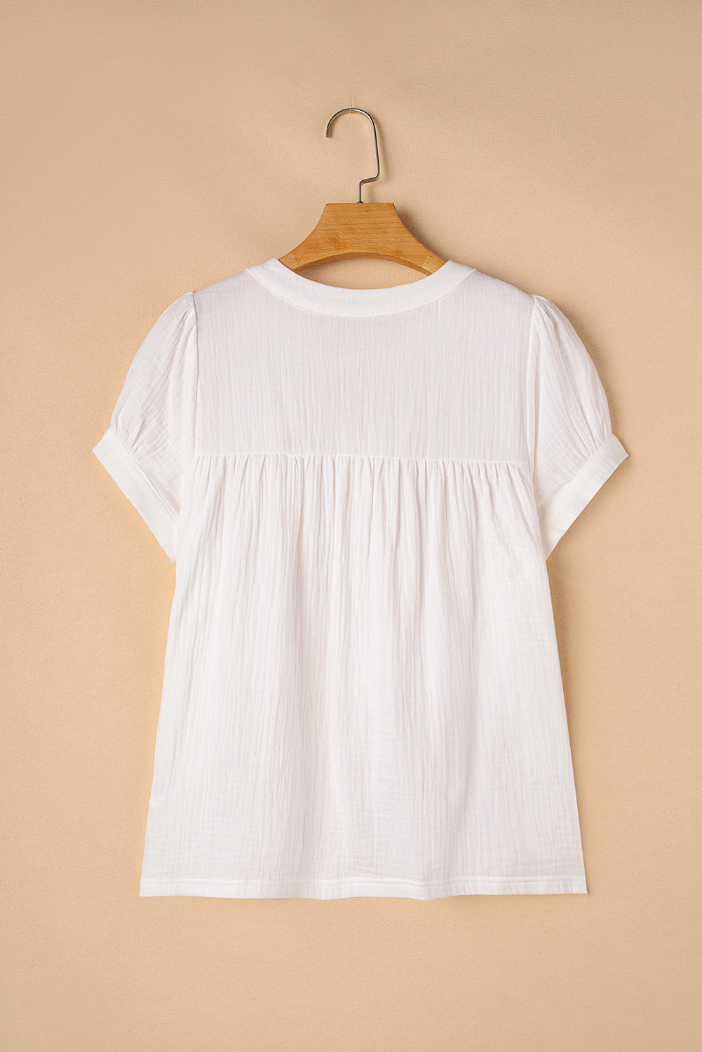 White Textured Short Sleeve Buttons Frayed Blouse eAura