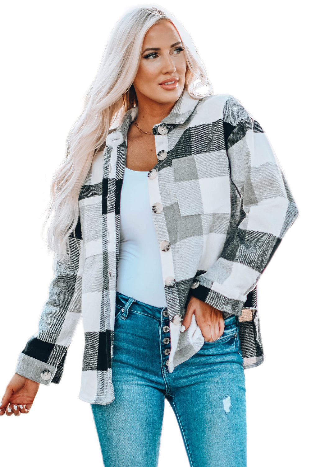 Khaki Plaid Colour Block Buttoned Long Sleeve Jacket with Pocket Beagle Boutique Fashion Outlet