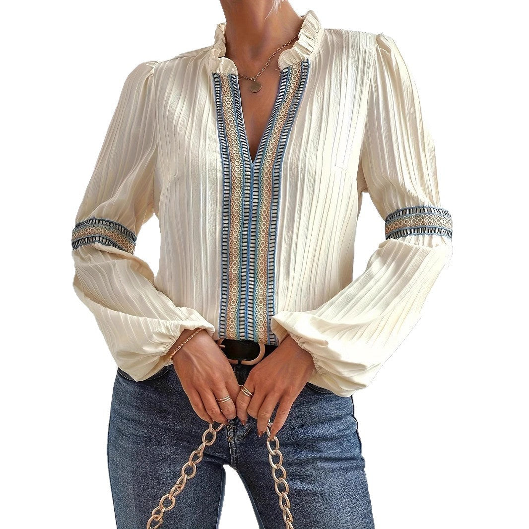 Lace Detail V-Neck Blouse Lantern Sleeve eprolo
