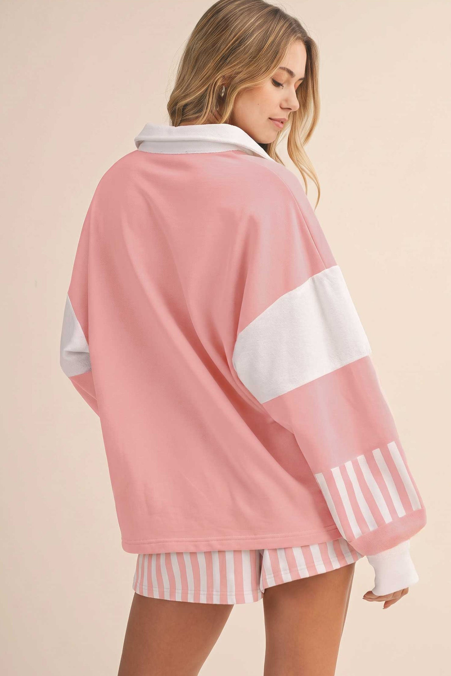 Gossamer Pink Striped Color Block Pullover Top Drawstring Shorts Set – Light Pink