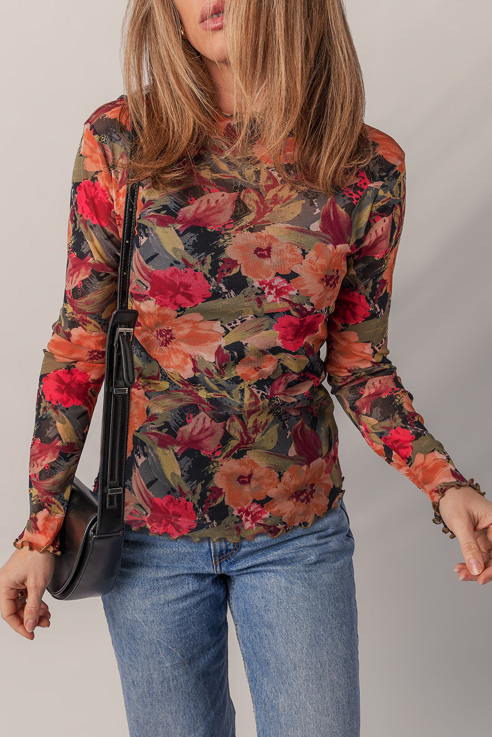 Multicolour Floral Print Lettuce Trim Long Sleeve Mesh Top - eAura