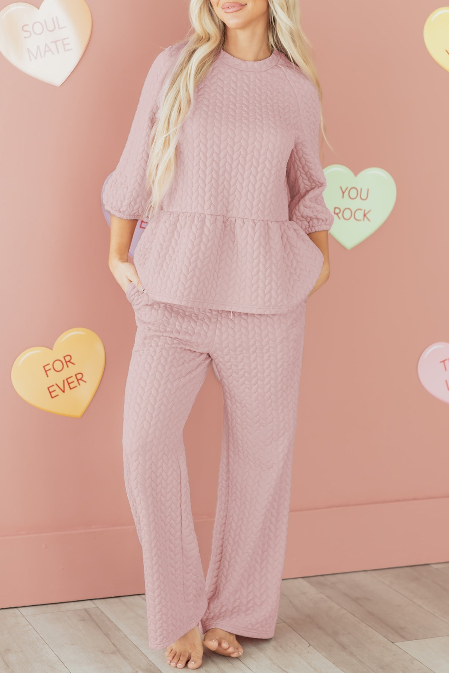 Braided Texture Ruffle Hem Top Drawstring Relaxed Trouser Co-ord Set - eAura