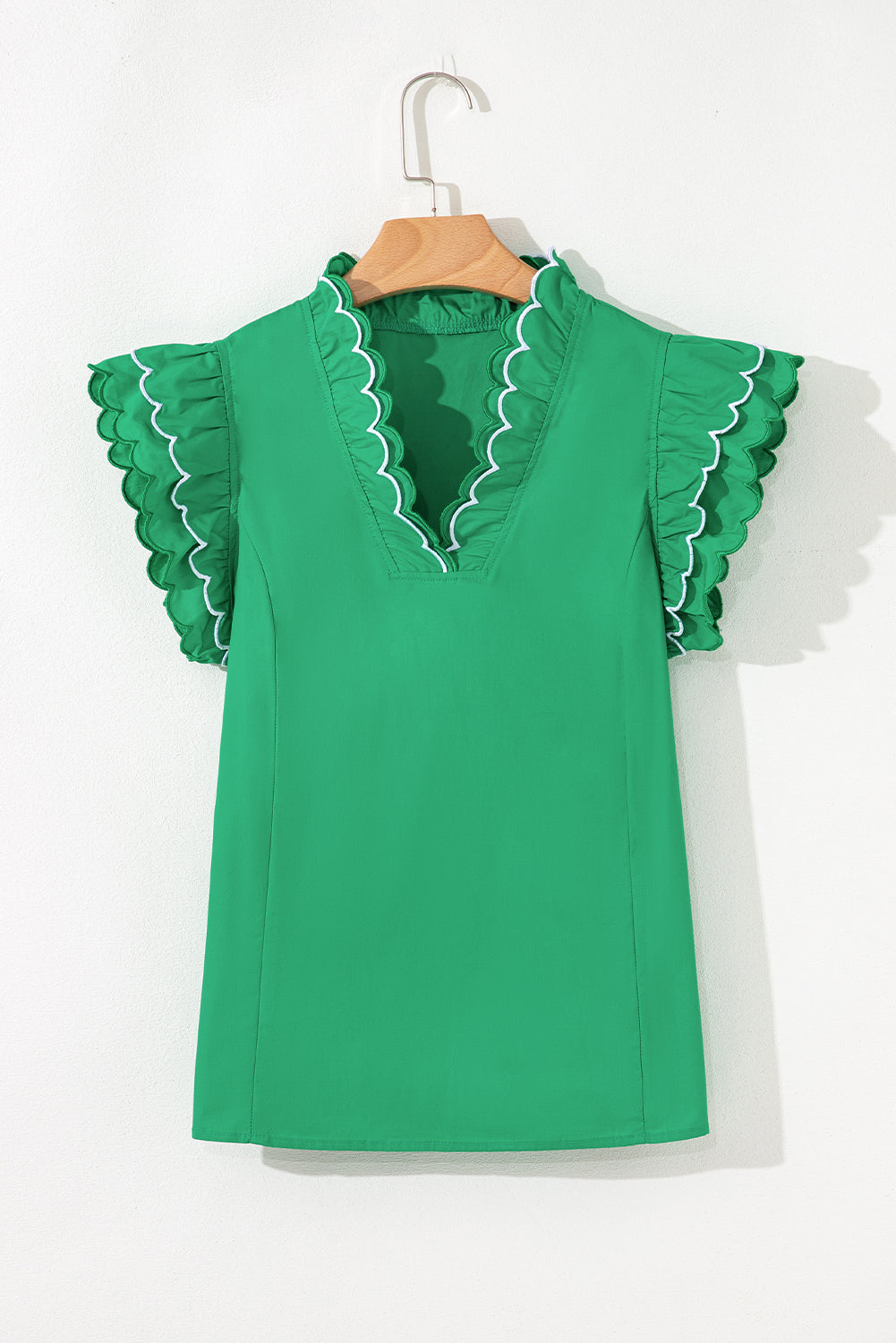 Bright Green Contrast Scallop Trim Short Sleeve V Neck Top eAura