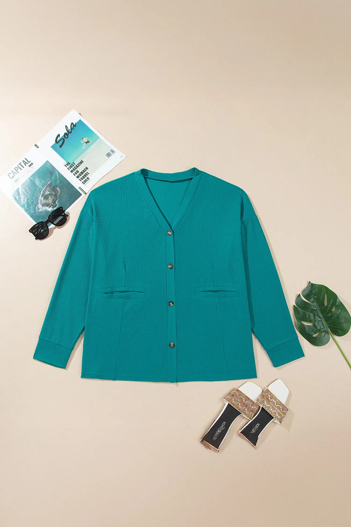 V Neck Waffle Textured Button Front Tunic Long Sleeve Plus Size Cardigan – Lapis
