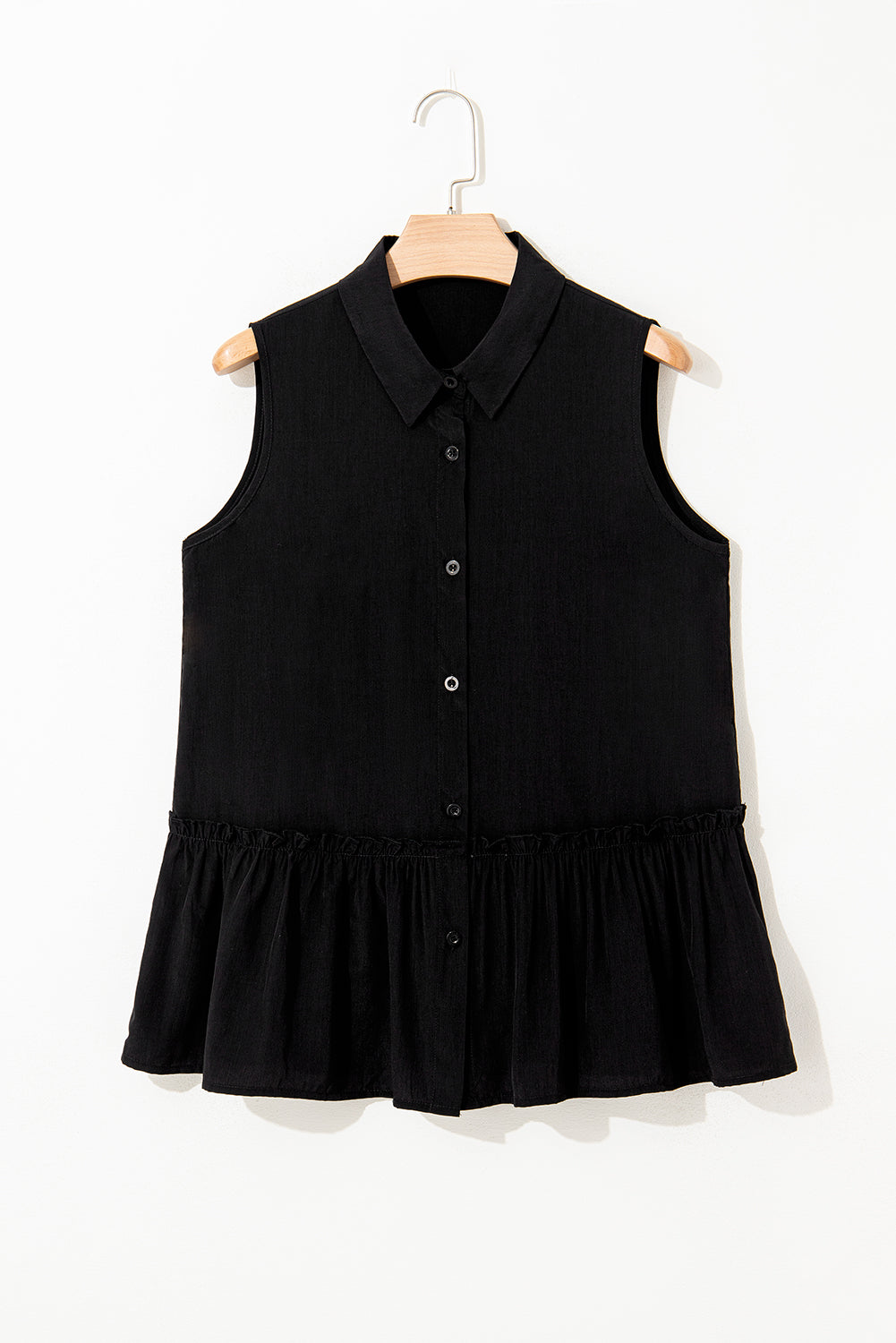 Black Sleeveless Buttoned Front Ruffle Hem Tunic Shirt eAura
