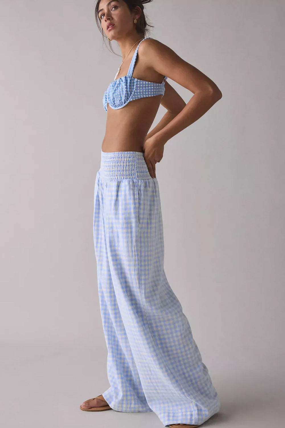 Plaid Print Smocked High Waist Loose Trousers - eAura
