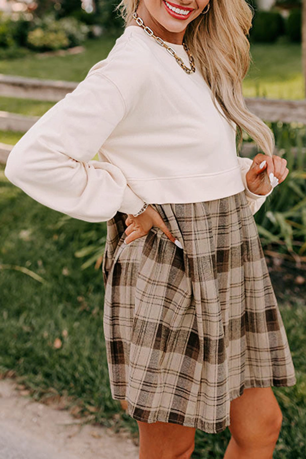 Beige Plaid Patchwork High Waist Sweatshirt Mini Dress eAura