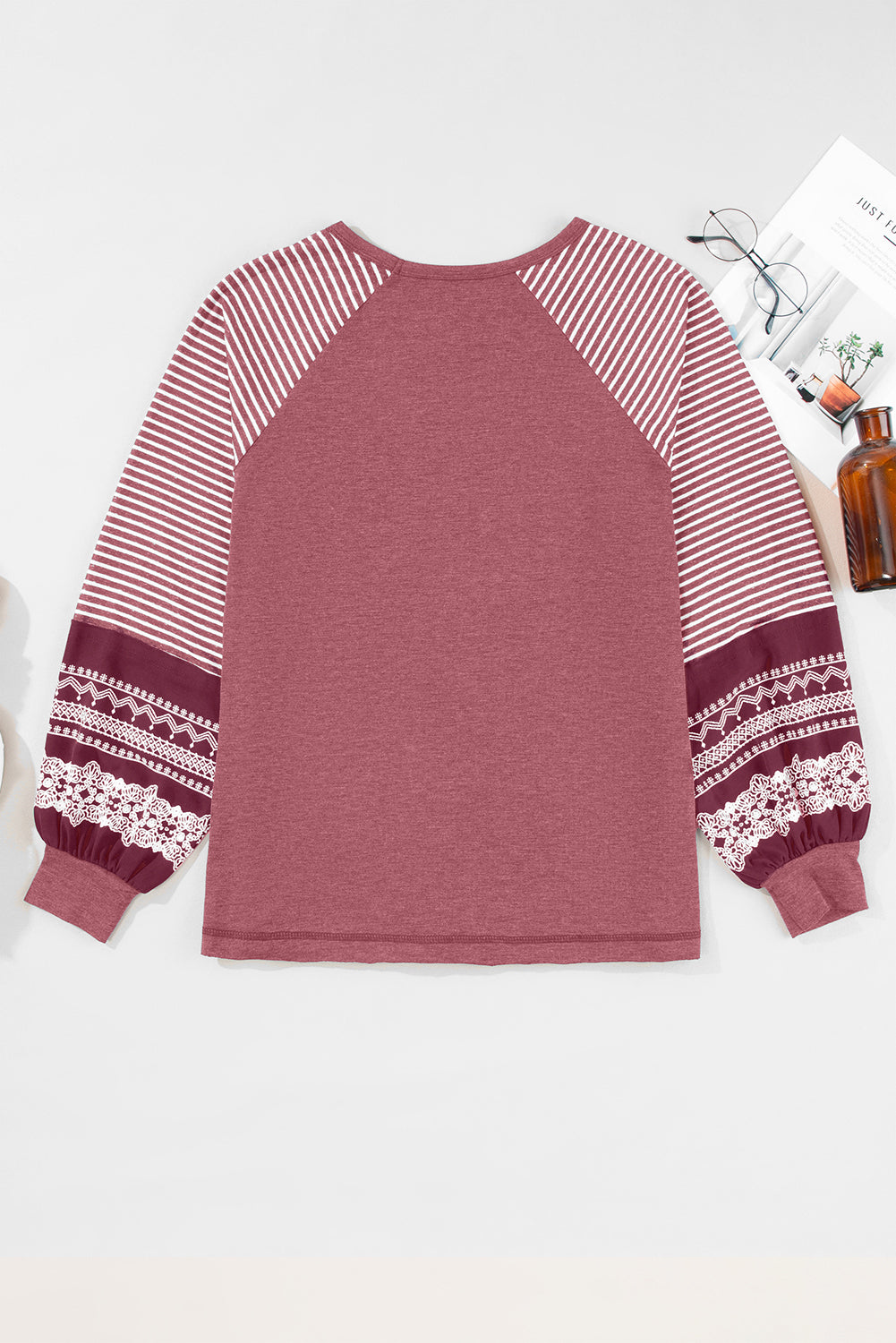 Contrast Print Striped Raglan Long Sleeve Loose Top - eAura