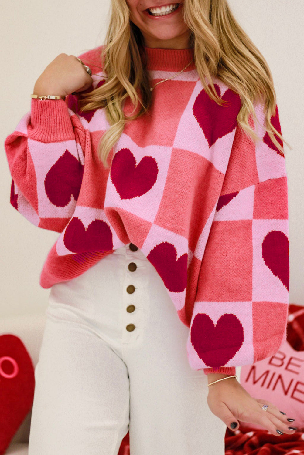 Pink Plus Size Love Heart Block Mock Neck Lantern Sleeve Valentine Sweater BB Fashion Outlet