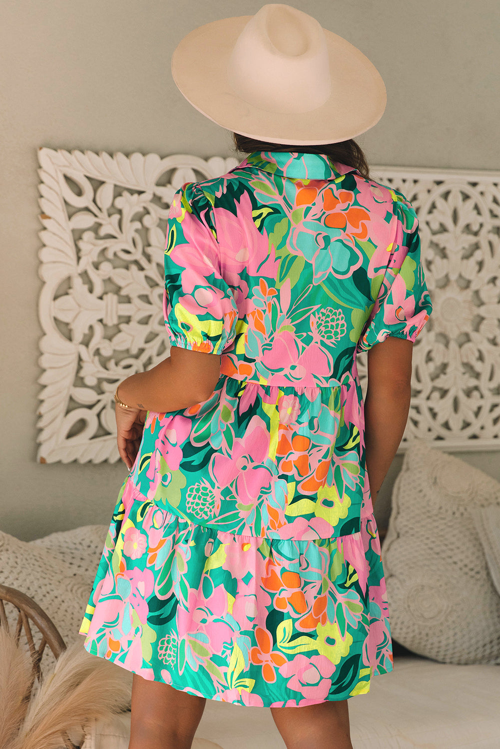 Green Floral Puff Sleeve Collar Buttoned Babydoll Dress eAura