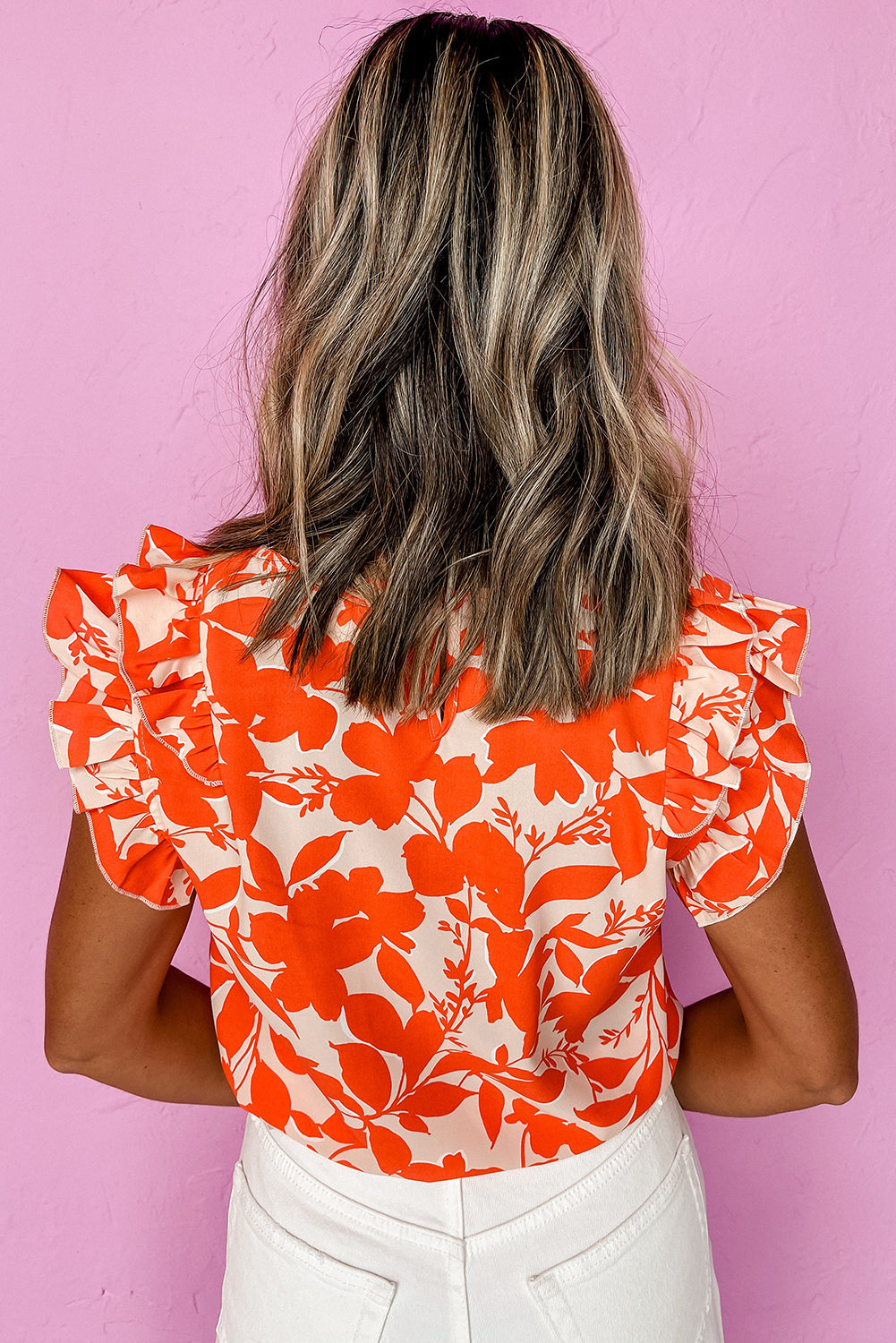 Orange Floral Ruffle Sleeve Print Top eAura