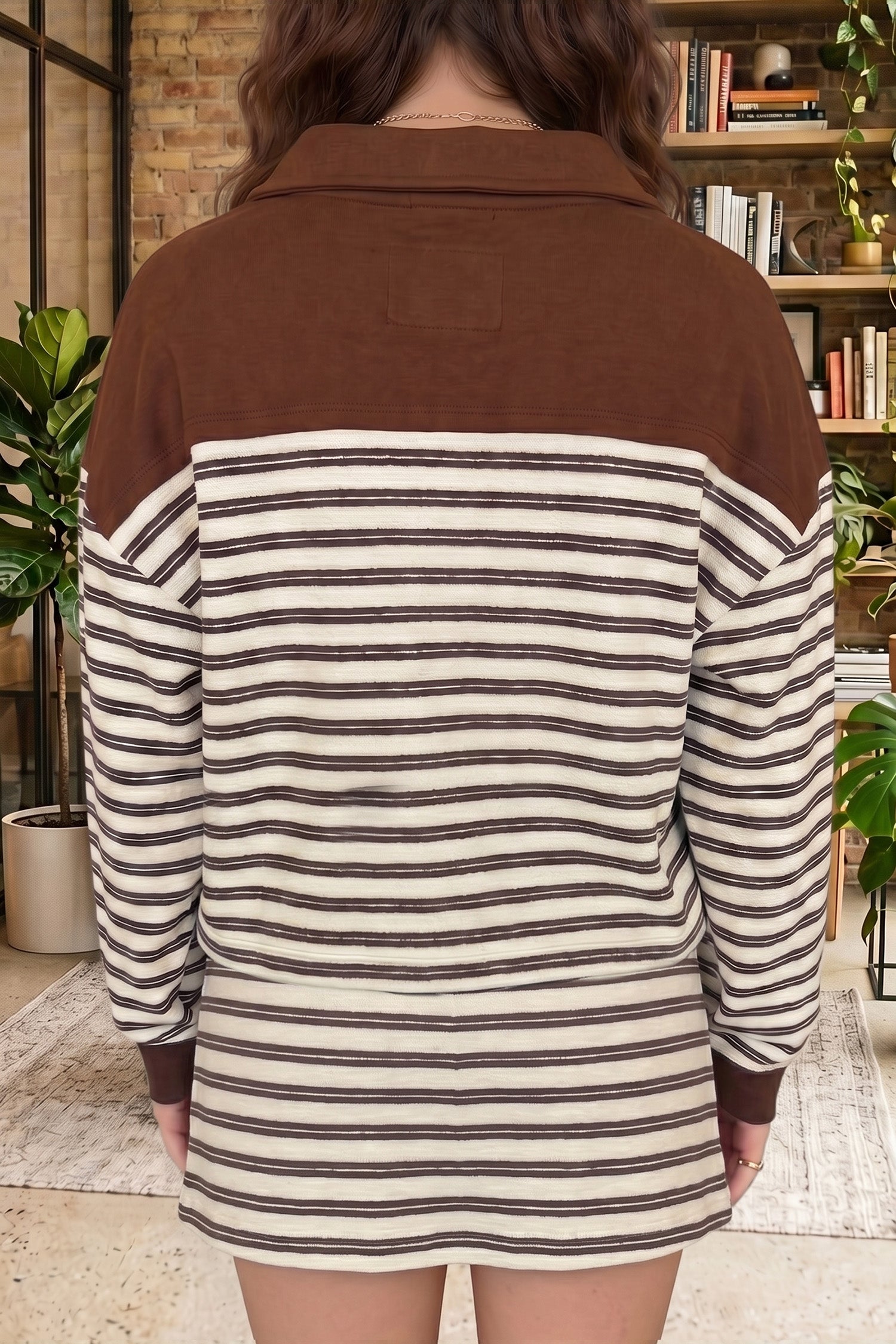 Contrast Trim Button Neck Long Sleeve Top Drawstring Mini Skirt Set – Brown Stripe