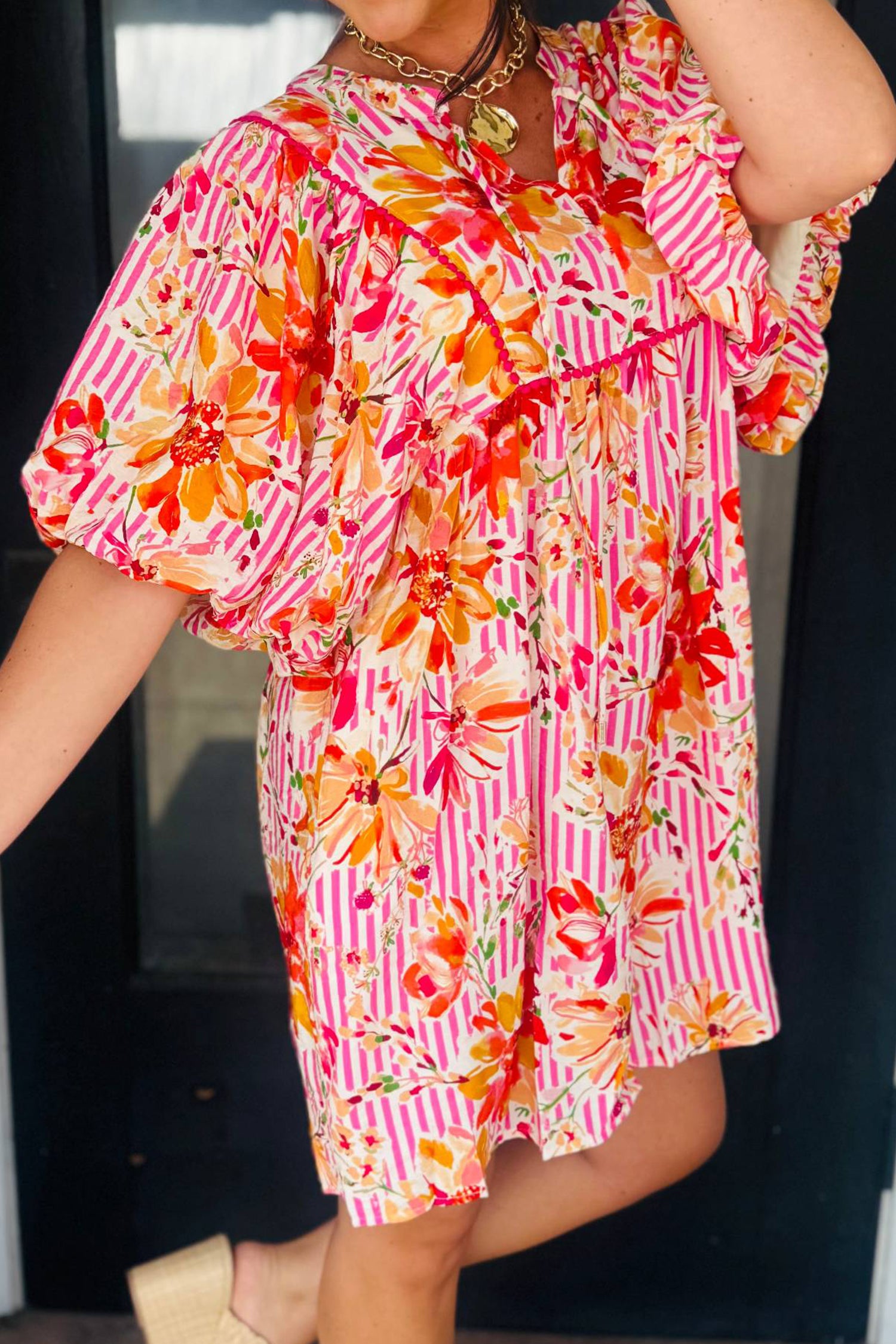 Striped Floral Print Tie Neck Puff Sleeve Loose Mini Dress