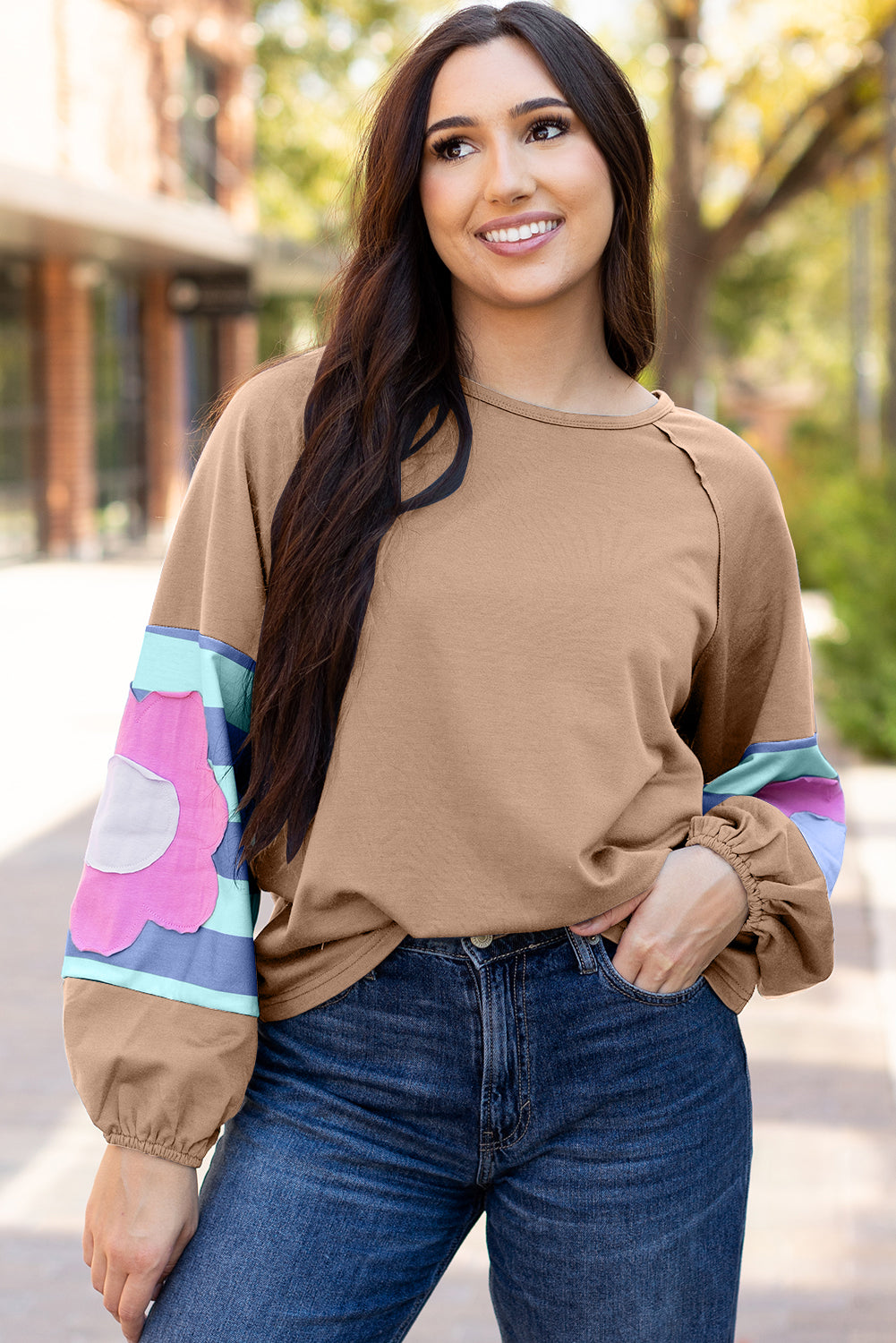 Flower Patchwork Raglan Sleeve Exposed Seam Oversized Top eAura