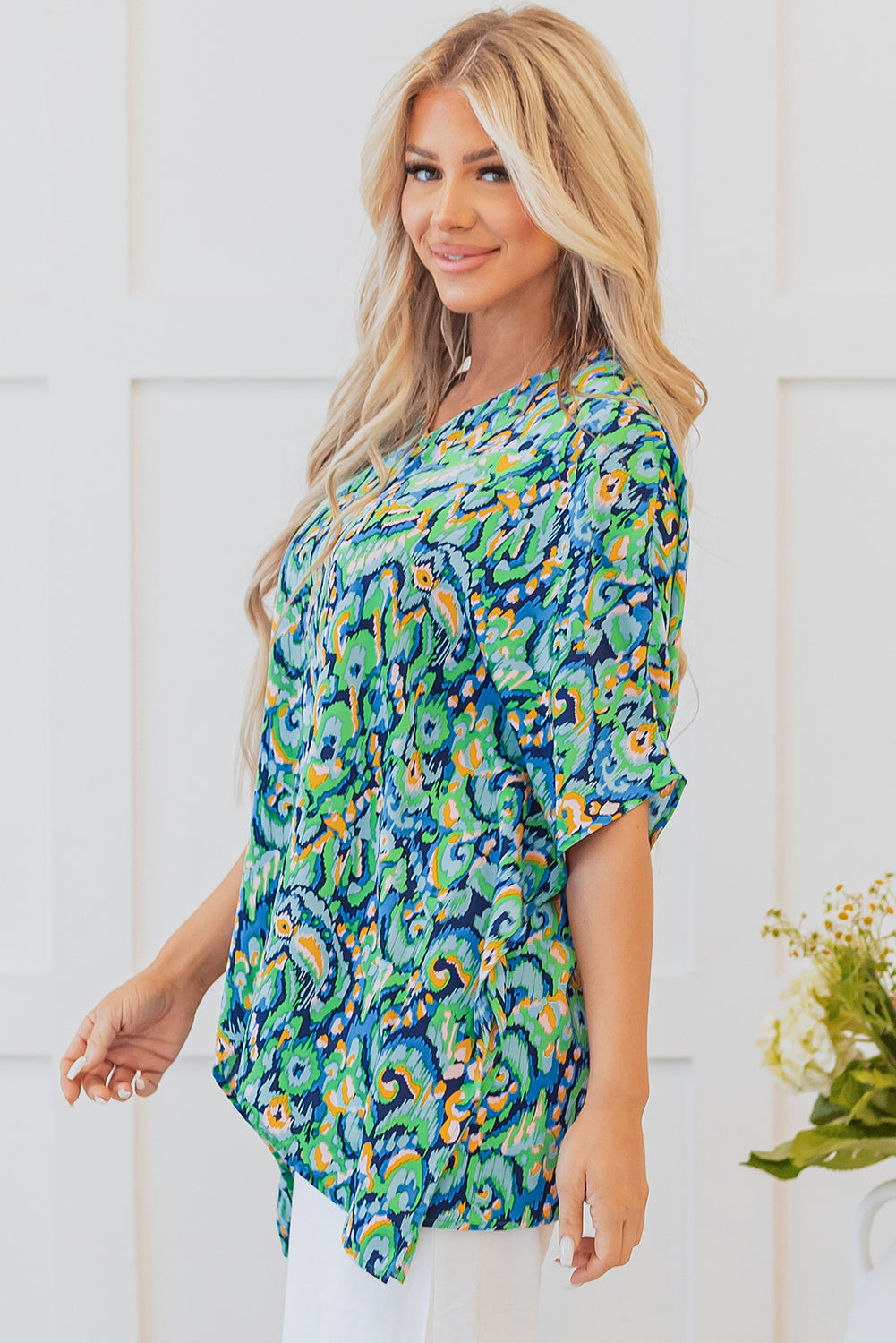 Green Abstract Print V Neck Half Sleeve Loose Fit Tunic Blouse eAura