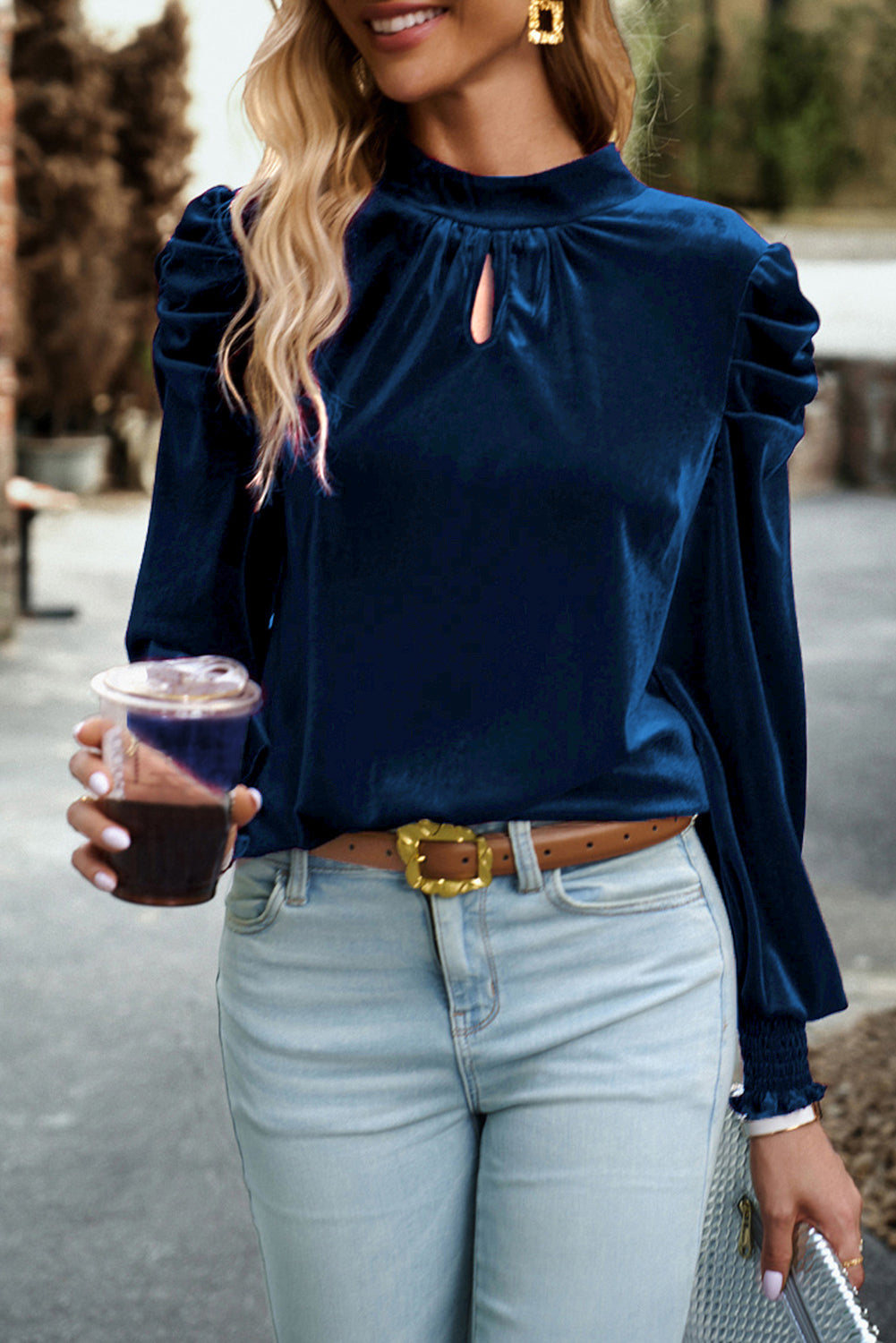 Sky Blue Fiery Mock Neck Puff Sleeve Velvet Blouse Beagle Boutique Fashion Outlet