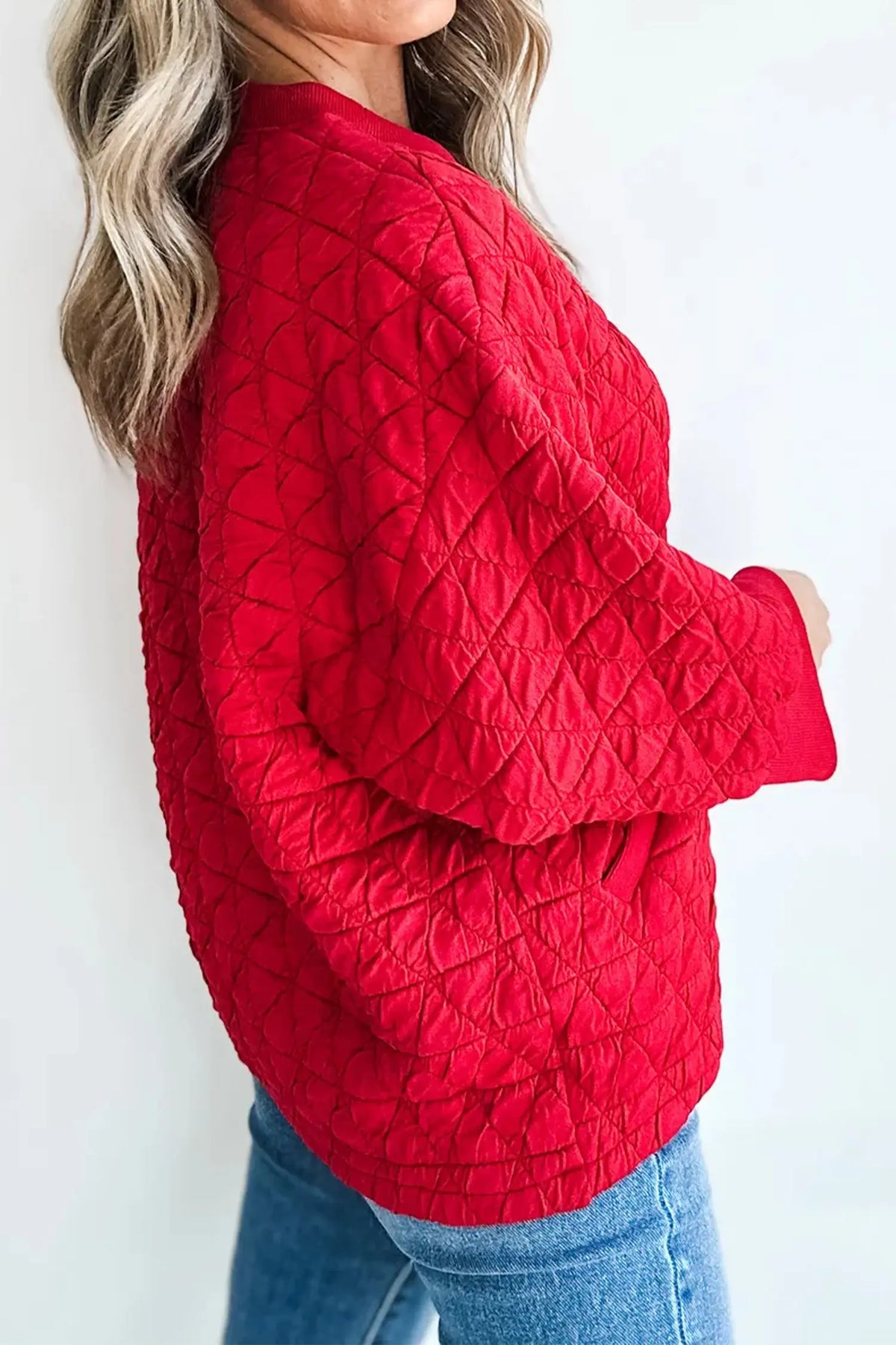 Fiery Red Quilted Diamond Pattern 3/4 Sleeve Pocketed Casual Top