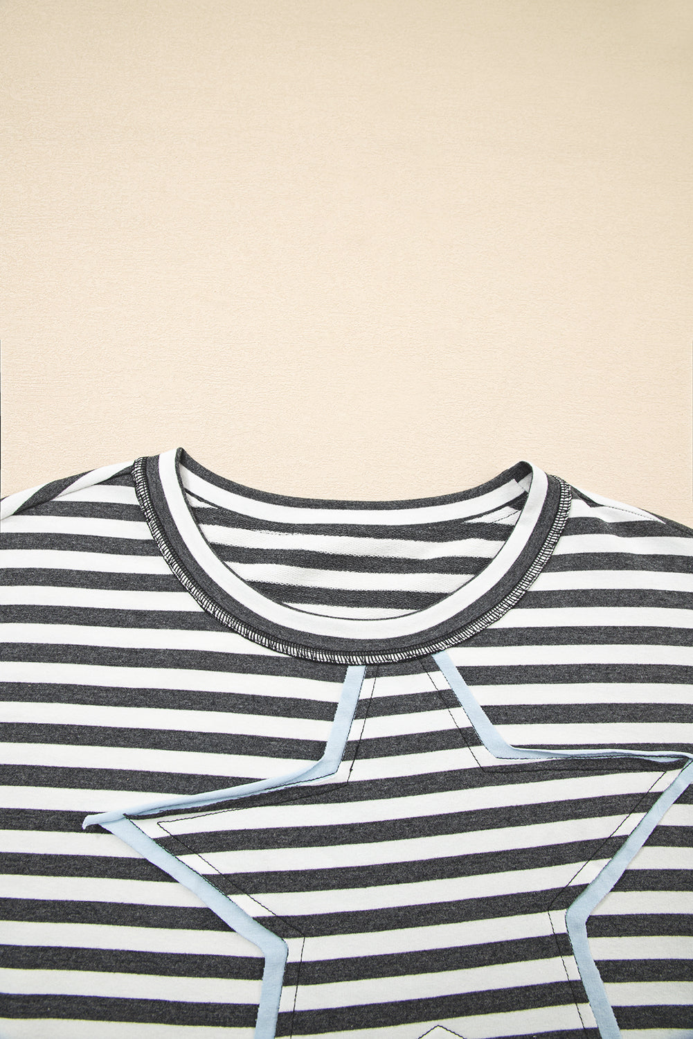 Stripe Starry Patch Drop Shoulder Raw Edge Casual Top - eAura