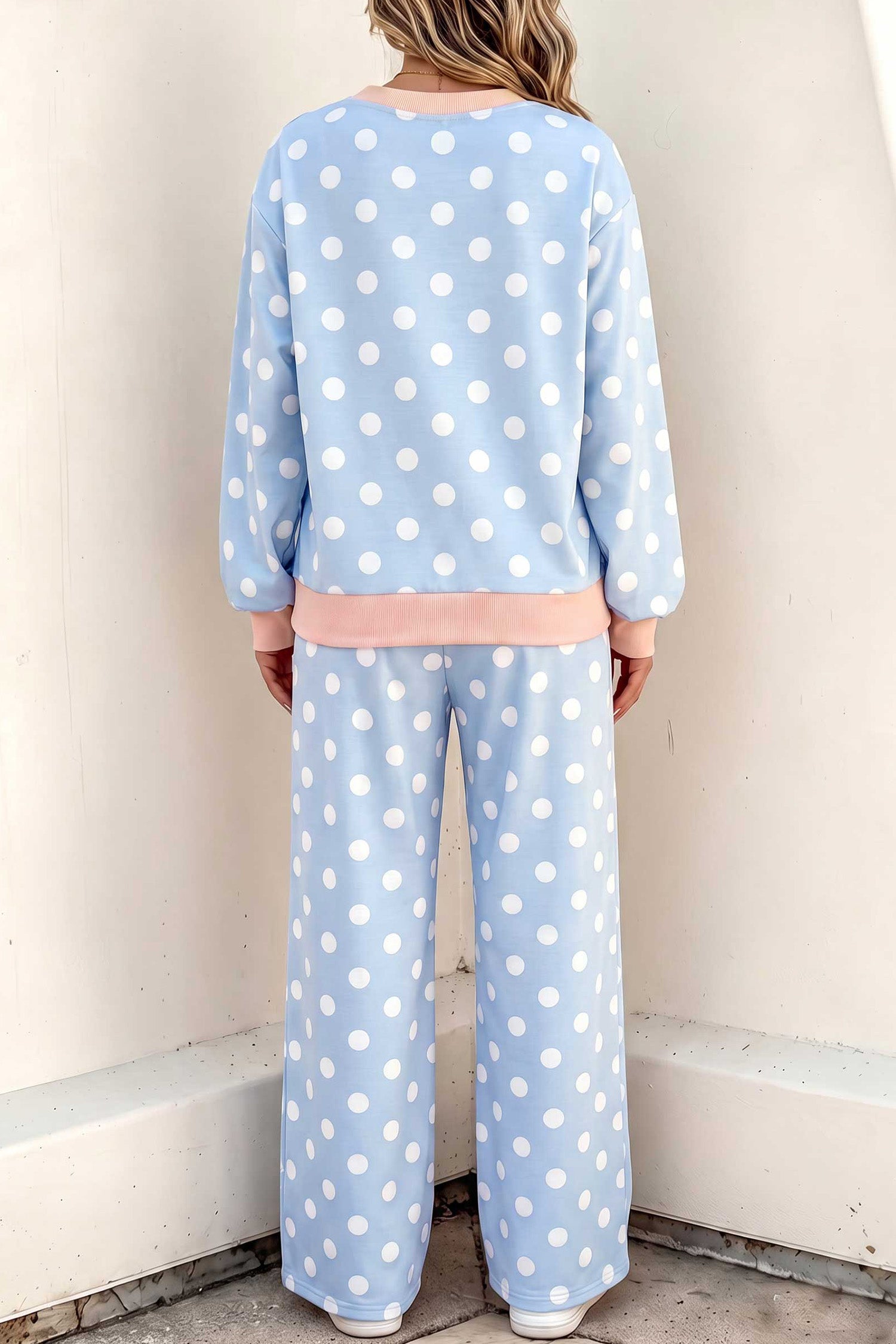 Polka Dot Contrast Trim Long Sleeve Top Drawstring Shift Pants Set – Pink