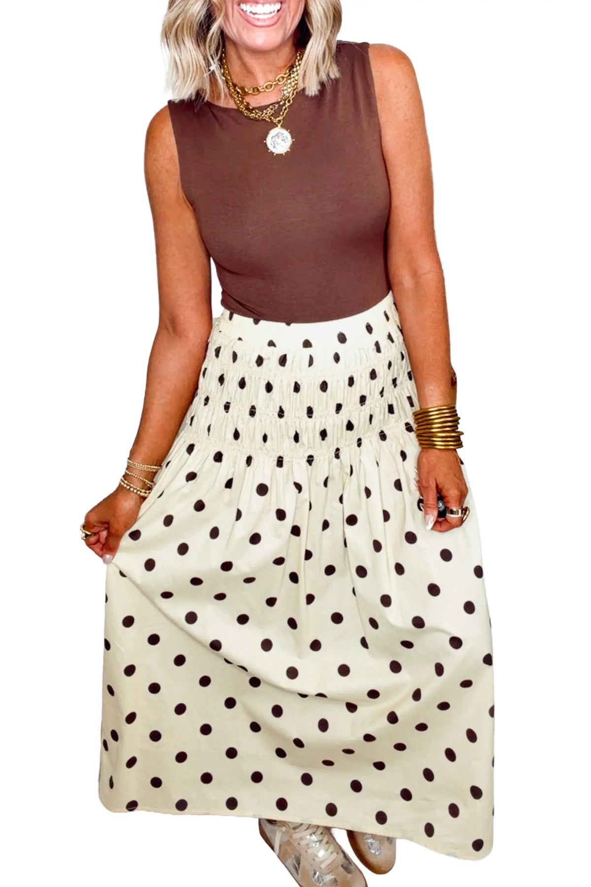 Smocked High Waist Long Skirt with Polka Dot Print