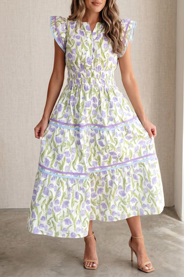 Tulip Floral Print Contrast Trim Midi Dress – Purple