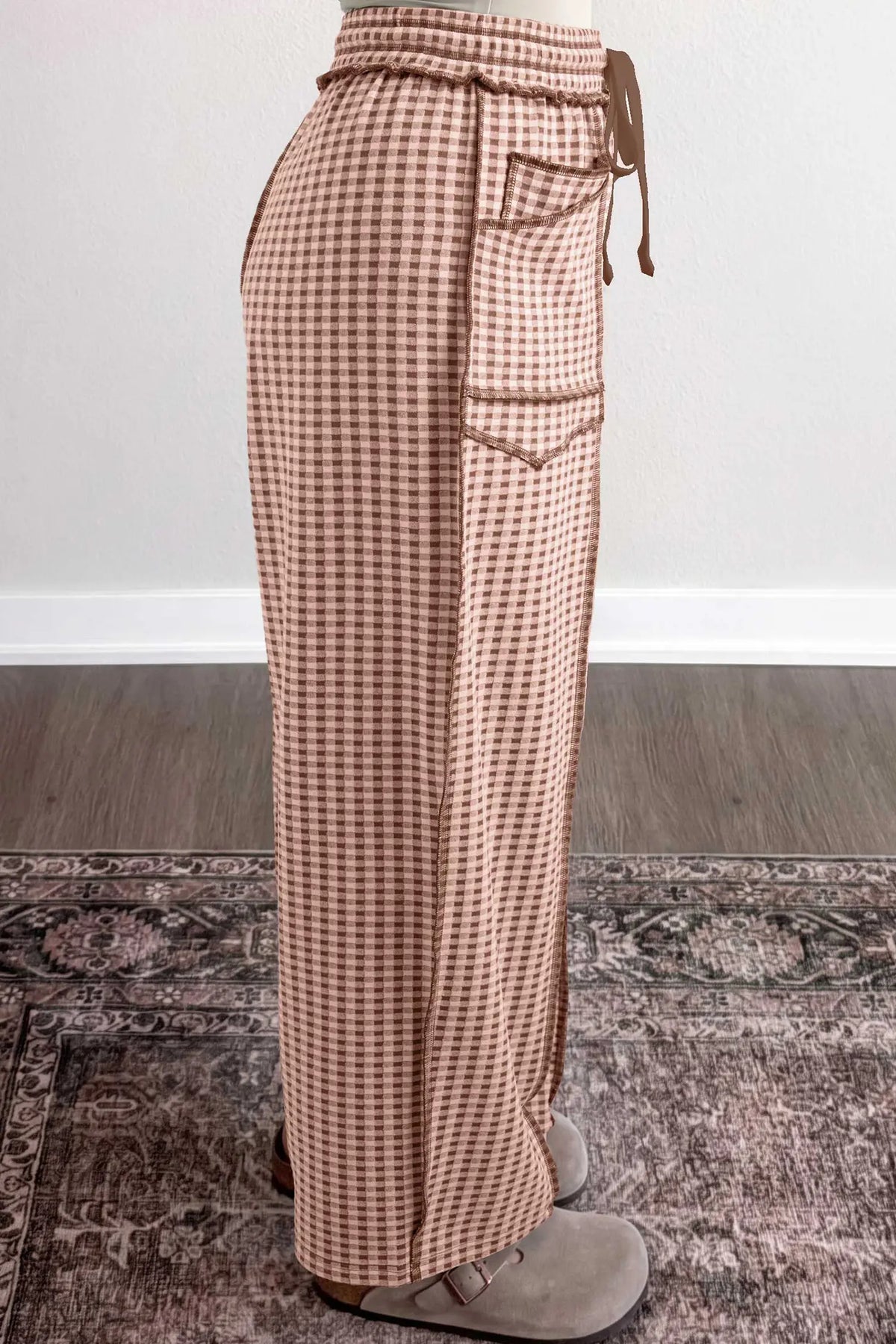 Brown Plaid Contrast Trim Drawstring Elastic Waist Shift Pants