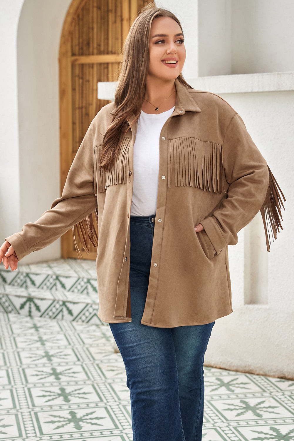 Khaki Fringe Trim Plus Size Suede Shacket BB Fashion Outlet