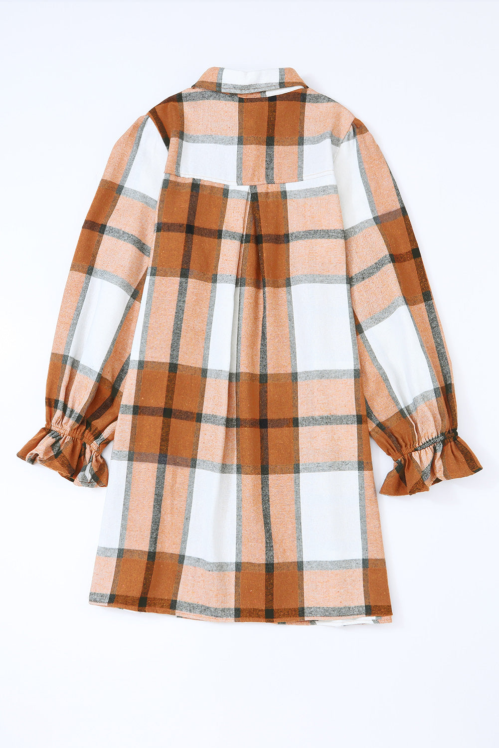 Khaki Plaid Pattern Collared Neck Ruffled Sleeve Shirt Dress eAura