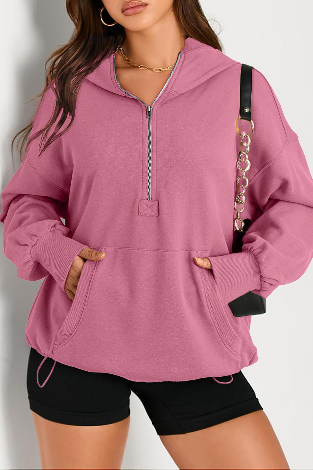 Valerian Solid Kangaroo Pocket Half Zipper Oversized Hoodie eAura